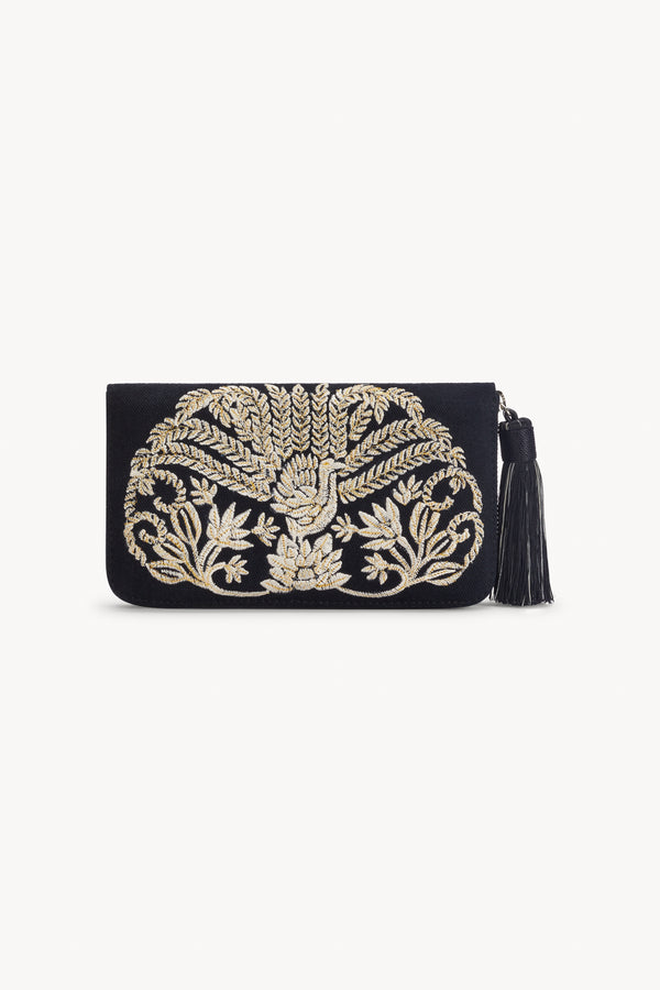 Lyrebird Embroidery Wallet Black - Jodi Lee