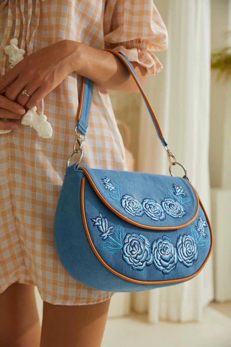 Rose Embroidery Bag Denim/Antique Tan - Jodi Lee
