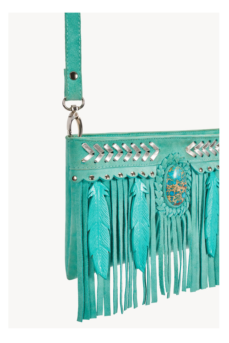 Collette Fringe Purse (with feathers) Aqua - Jodi Lee